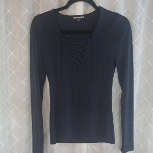 Express Women's Navy Lace-Up Long Sleeve Top